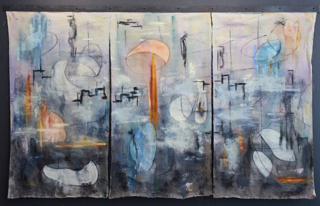 Beautiful Disruption by Christi Meril, Oil, acrylic and charcoal on linen, custom steel hanging bar, The Long Journey Home, ALG Fine Art Dallas