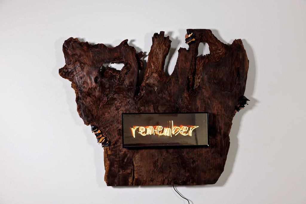 Remember by Christi Meril, Mixed media on redwood with neon, made with Trent Atkinson, The Long Journey Home, ALG Fine Art Dallas