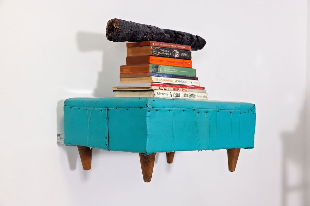 Writes by Christi Meril, Banned books, charcoal and resin on a 1950s footstool, The Long Journey Home, ALG Fine Art Dallas