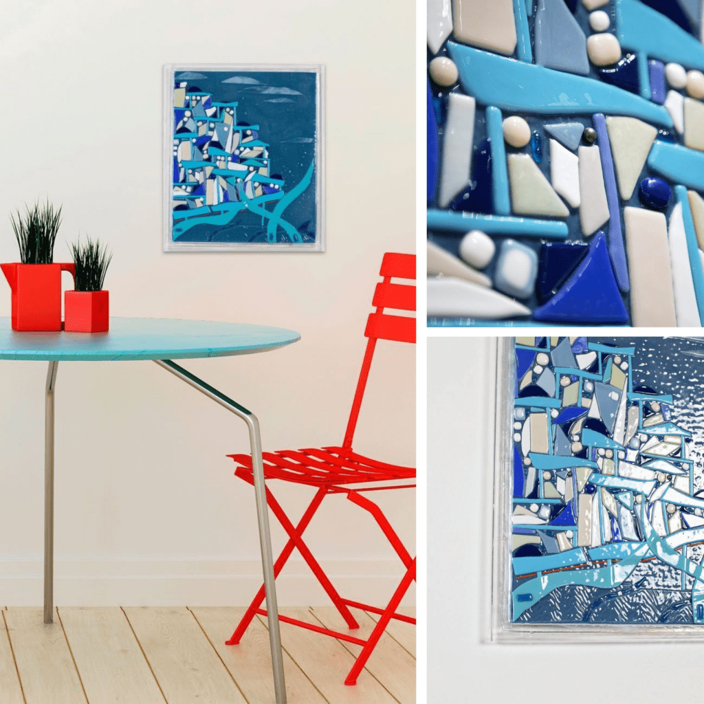 Glass wall art depicting Santorini, Italy
