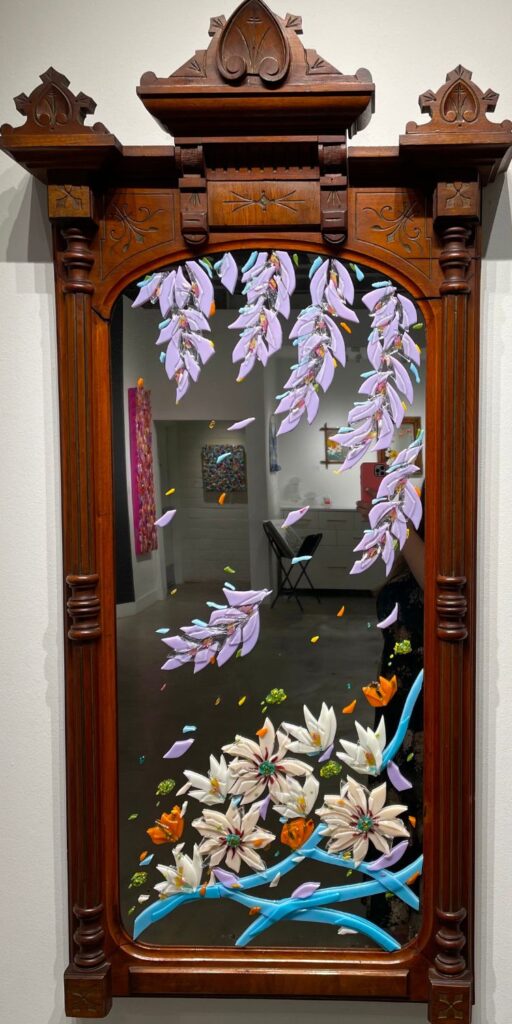 Vintage mirror hand embellished with colourful, fused glass flowers by Anna Lou Glass, Dallas